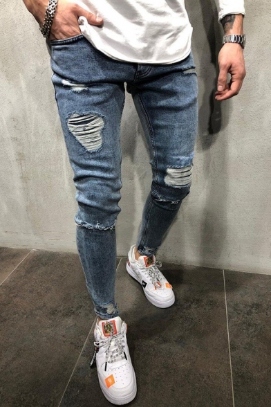 Classic Streetwear Mid Rise Ripped Ankle Slim Fitted Jeans in Blue