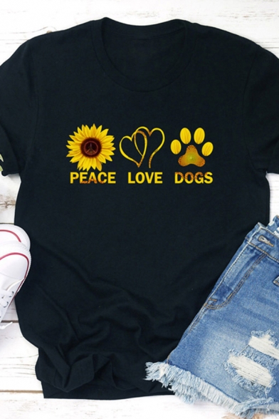 Cool Trendy Womens Rolled Short Sleeve Crew Neck Letter PEACE LOVE DOGS Floral Heart Paw Graphic Fitted Tee in Black