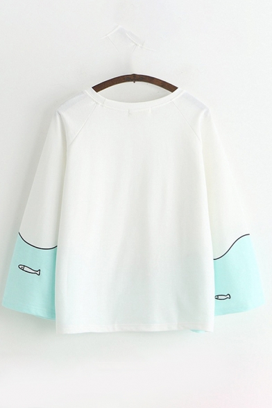 Cute Girls Long Sleeve Round Neck Fish Ocean Patternd Loose Fit T-Shirt in White
