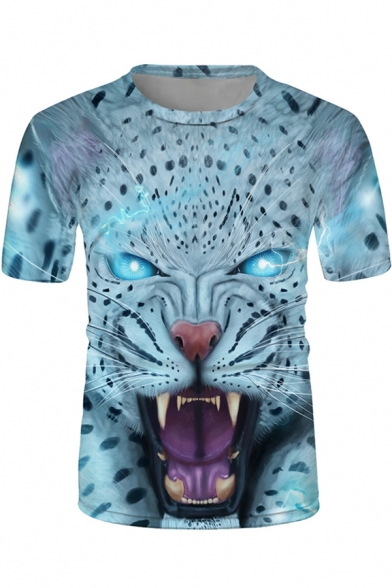 Fancy Mens Short Sleeve Crew Neck 3D Leopard Printed Loose T-Shirt in Blue