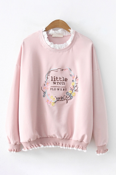 Fashion Pretty Long Sleeve Crew Neck Letter LITTLE WREN FLOWERS Floral Embroidery Loose Pullover Sweatshirt
