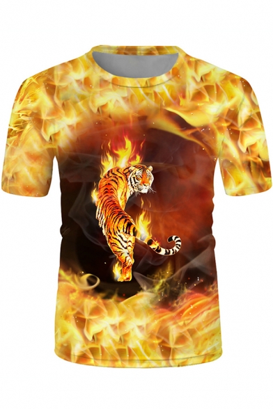Fashionable Guys Short Sleeve Crew Neck Flame Tiger 3D Printed Slim Fitted T-Shirt in Yellow