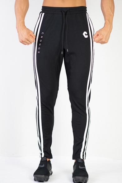 Fashionable Gym Guys Drawstring Waist Letter Print Striped Cuffed Fitted Ankle Sweatpants