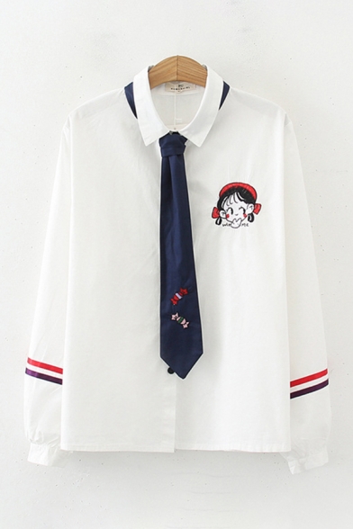 Fashionable Womens Long Sleeve Lapel Collar Tie Cartoon Embroidery Varsity Stripe Relaxed Shirt in White