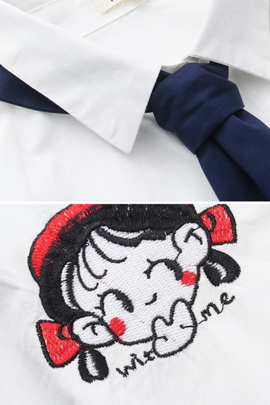 Fashionable Womens Long Sleeve Lapel Collar Tie Cartoon Embroidery Varsity Stripe Relaxed Shirt in White