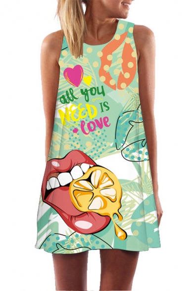 Girls Fashionable Sleeveless Round Neck Letter ALL YOU NEED IS LOVE Lip Heart Graphic Mini A-Line Tank Dress
