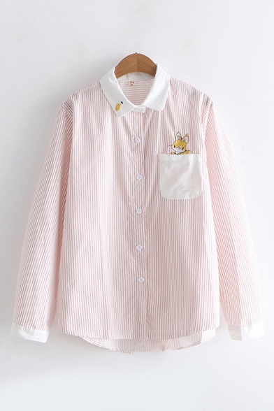 Kawaii Girls Long Sleeve Lapel Collar Button Down Rabbit Embroidered Pocket Stripe Print Curved Hem Relaxed Shirt