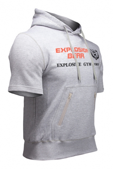 Leisure Trendy Guys Short Sleeve Drawstring Letter EXPLOSION BEAR Graphic Zipper Pocket Relaxed Hoodie