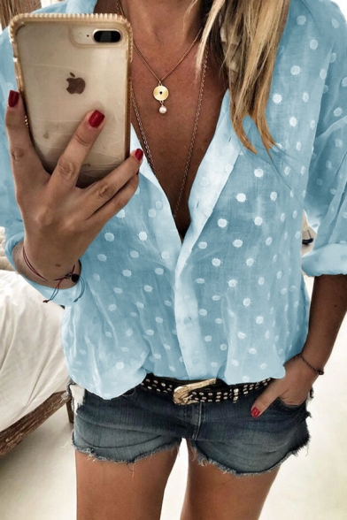 Leisure Womens Long Sleeve Lapel Neck Button Down Polka Dot Semi-Sheer Relaxed Fit Shirt