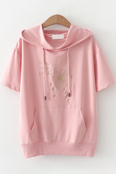 Lovely Girls Short Sleeve Hooded Drawstring Floral Letter Printed Pouch Pocket Loose Fit Tee Top