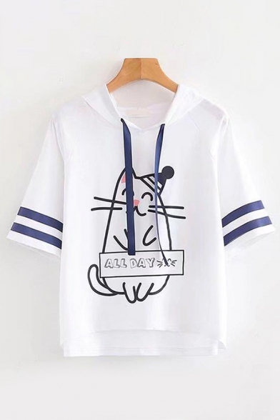 Lovely Womens Short Sleeve Drawstring Stripe Cat Printed Letter ALL DAY Loose Hoodie in White