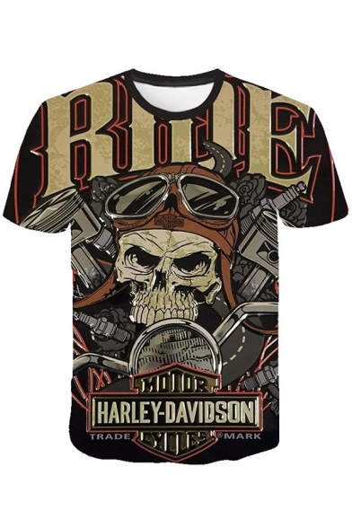 New Trendy Boys Short Sleeve Crew Neck HARLEY-DAVIDSON Skull Print Regular Fit Graphic T-Shirt in Black
