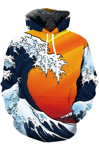 Popular Boys Long Sleeve Comic Wave 3D Printed Drawstring Pouch Pocket Loose Hoodie in Orange