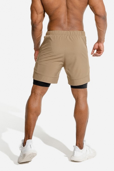 Popular Fitness Mens Drawstring Waist Logo Print Color Block Fake Two Piece Slim Fitted Shorts