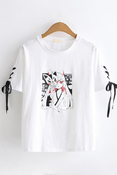 Popular Girls Short Sleeve Round Neck Lace Up Comic Printed Loose T-Shirt