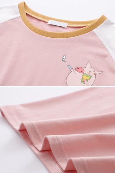 Pretty Girls Short Sleeve Round Neck Pig Printed Colorblock Loose Fit T Shirt