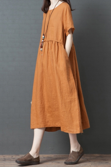 Pretty Girls Short Sleeve Round Neck Solid Color Cotton and Linen Tied Waist Maxi Swing Dress