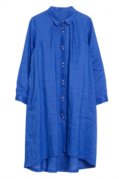 Retro Style Simple Rolled Long Sleeve Lapel Neck Button Down Ruched Linen Long Plain Oversize Shirt Dress