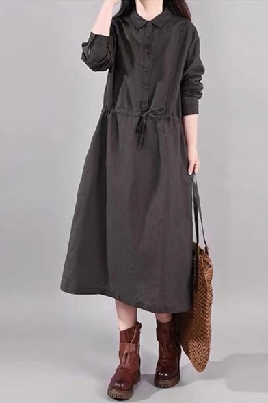 Retro Style Womens Long Sleeve Lapel Collar Button Up Drawstring Waist Solid Color Maxi A-Line Shirt Dress