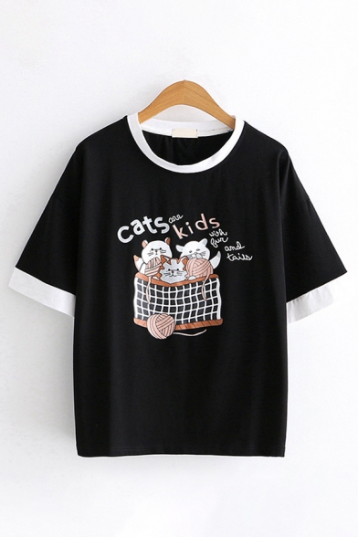 

Stylish Womens Short Sleeve Round Neck Letter CATS KIDS Cat Graphic Contrast Piped Loose Tee, Black;white, LM602387