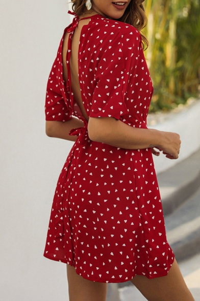Stylish Womens Short Sleeve V-Neck Button Down Polka Dot Pattern Bow Tie Waist Cut Out Back Mini A-Line Dress in Red