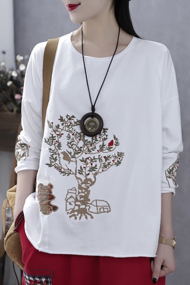 Vintage Womens Long Sleeve Round Neck Tree Bear Embroidery Roll Edge Loose Fit T Shirt