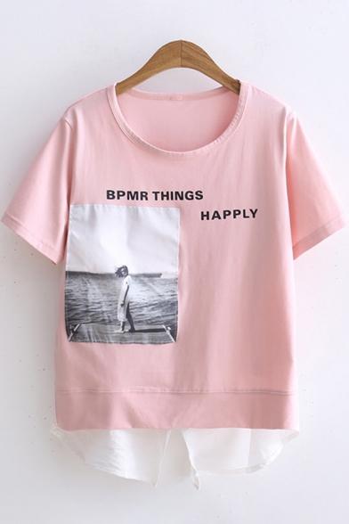 Womens Kpop Fashion Short Sleeve Round Neck Letter BPMR THINGS HAPPLY Graphic Slit Back High Low Relaxed T Shirt
