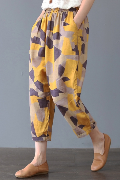 Womens Stylish Elastic Waist Geometric All Over Printed Cotton and Linen Ankle Length Baggy Sarouel Trousers