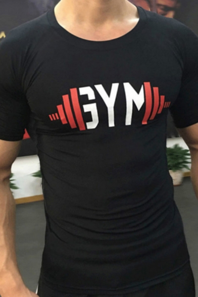 Active Mens Training Short Sleeve Round Neck Letter GYM Dumbbell Print Fitted Tee Top