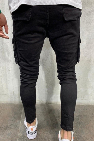 Black Chic Mid Rise Flap Pockets Ripped Ankle Length Relaxed Fit Jeans for Boys