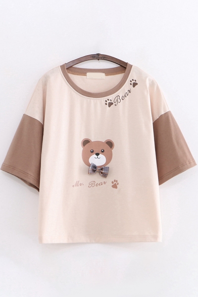 Casual Ladies Three Quarter Sleeve Round Neck Bear Graphic Bow Tie Color Block Relaxed Tee Top in Khaki