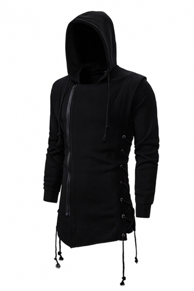 Casual Mens Long Sleeve Zipper Front Lace Up Sides Slim Fit Hoodie