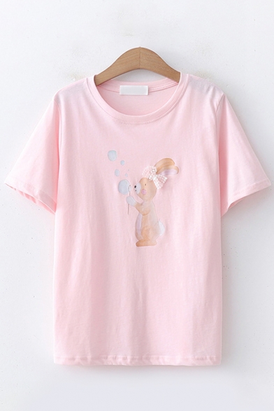 Casual Popular Womens Short Sleeve Round Neck Rabbit Printed Loose Fit Tee Top