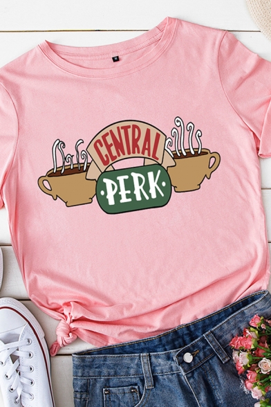 Casual Womens Roll Up Sleeve Round Neck Letter CENTRAL PERK Coffee Graphic Relaxed T-Shirt
