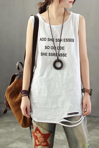 Chic Street Girls Sleeveless Round Neck Letter ADD SHE SSH ESSEB SO OO ODE SHE SSRENSSE Printed Roll Edge Distressed Tunic Loose Tank in White