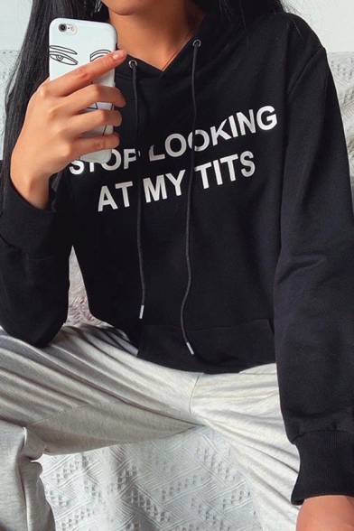 Cool Womens Long Sleeve Drawstring Letter STOP LOOKING AT MY TITS Pouch Pocket Loose Hoodie in Black
