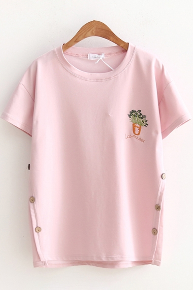 Cute Fashion Girls Short Sleeve Round Neck Planet Letter Embroidered Button Sides Relaxed Fit T-Shirt