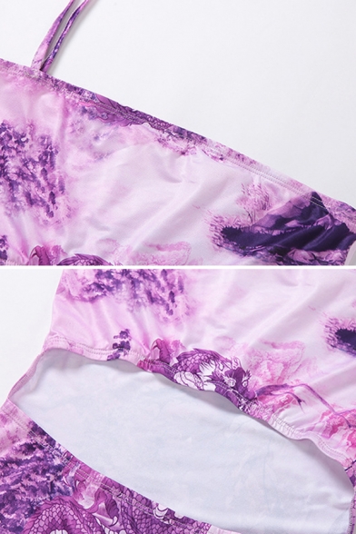 Edgy Ladies Purple Sleeveless Irregular Halter Allover Flower Pattern Cut Out Slit Side Mini Fit Cami Dress