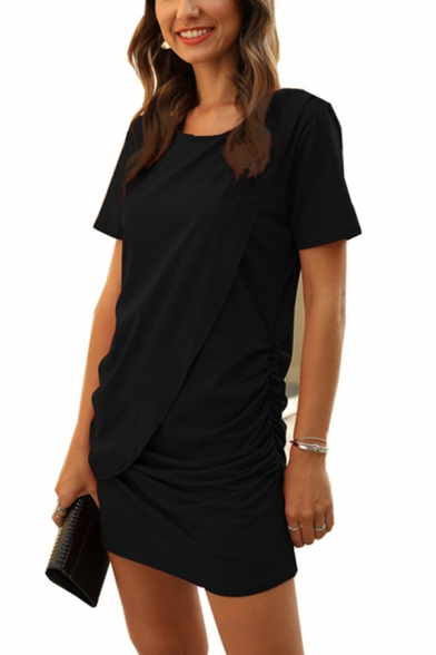 Elegant Ladies Short Sleeve Round Neck Solid Color Patchwork Ruched Mini Shift T-Shirt Dress