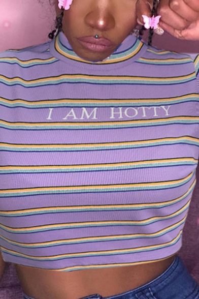 Fancy Girls Short Sleeve Crew Neck I AM HOTTY Striped Knitted Fit Crop T-Shirt in Purple