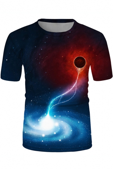 Fashionable Mens Short Sleeve Crew Neck Universe Planet 3D Printed Loose T Shirt in Black