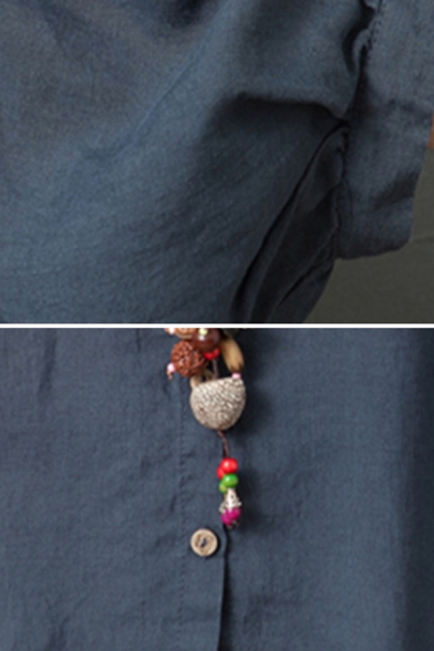 Girls Retro Three-Quarter Sleeve Lapel Collar Button Down Linen Loose Fit Shirt