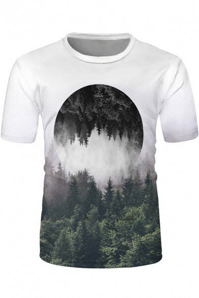 Guys Chic Short Sleeve Crew Neck Forest Moon 3D Pattern Fitted T-Shirt in White