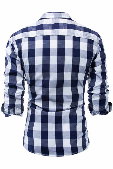 Guys Popular Long Sleeve Lapel Neck Button Down Checker Patterned Regular Fit Shirt