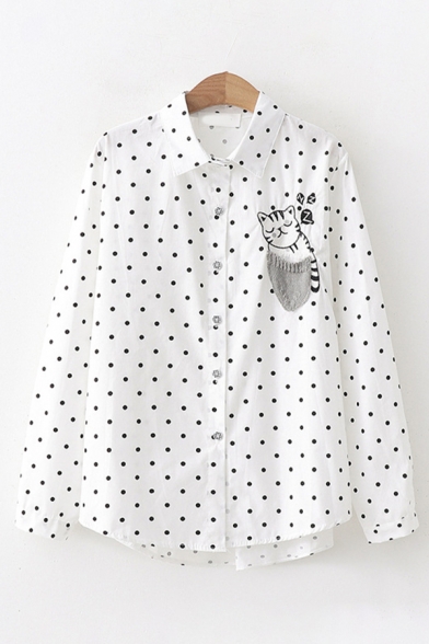 Kawaii Girls White Long Sleeve Lapel Collar Button Down Pocket Cat Embroidered Striped Polka Dot Checker Pattern Curved Hem Relaxed Shirt