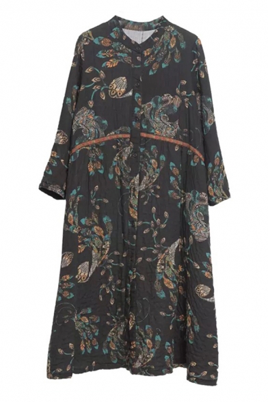 Leisure Retro Style Womens Roll Up Sleeve V-Neck Button Down All Over Flower Printed Linen and Cotton Maxi Oversize Dress in Black