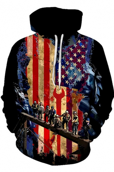 New Stylish Guys Long Sleeve Drawstring Flag 3D Pattern Pouch Pocket Relaxed Fitted Hoodie in Black