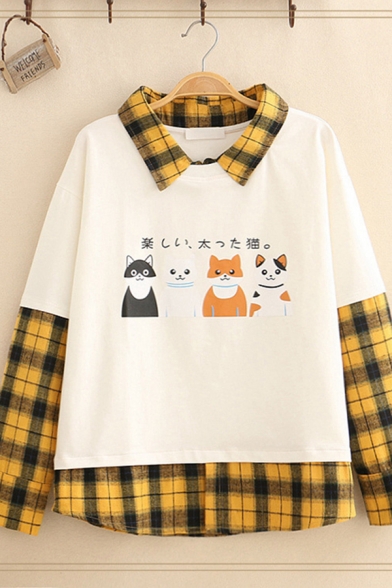 Novelty Girls Long Sleeve Lapel Neck Japanese Letter Cat Graphic Checker Printed Patched Relaxed Pullover Sweatshirt