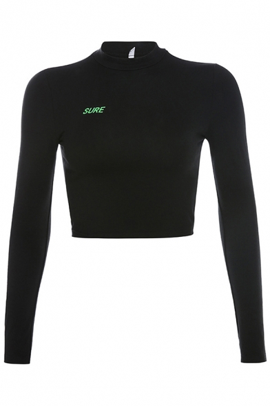 Popular Basic Girls Long Sleeve Mock Neck Letter SURE Printed Slim Fit Crop T-Shirt in Black