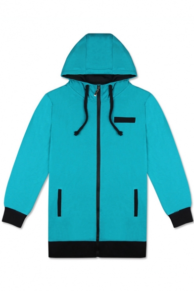 Popular Girls Long Sleeve Hooded Drawstring Zipper Front Contrasted Relaxed Hoodie in Blue
